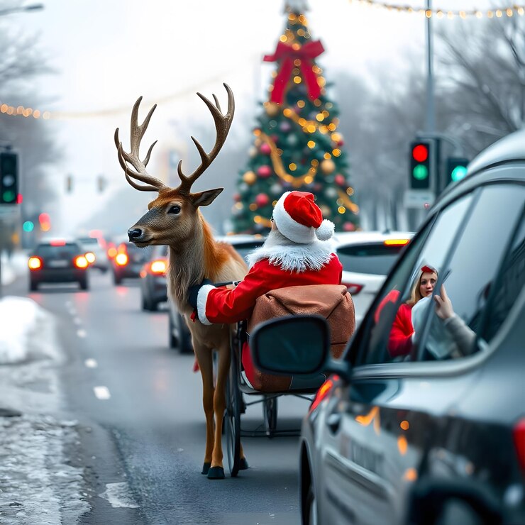 Santa Claus y su amigo Navidad Vista con el trineo de Santa Claus y la ciudad por la noche