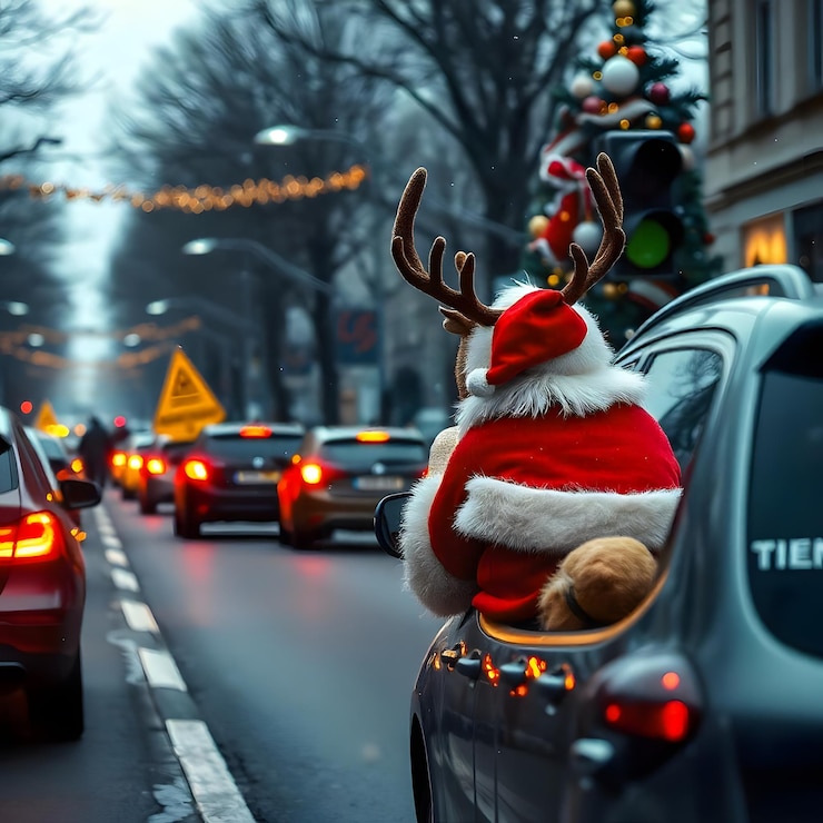 Santa Claus y su amigo Navidad Vista con el trineo de Santa Claus y la ciudad por la noche