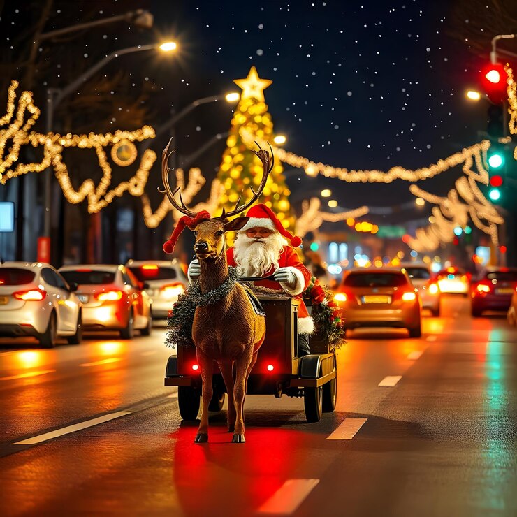 Santa Claus y su amigo Navidad Vista con el trineo de Santa Claus y la ciudad por la noche