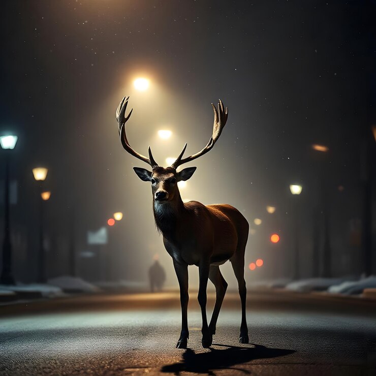 Santa Claus y su amigo Navidad Vista con el trineo de Santa Claus y la ciudad por la noche