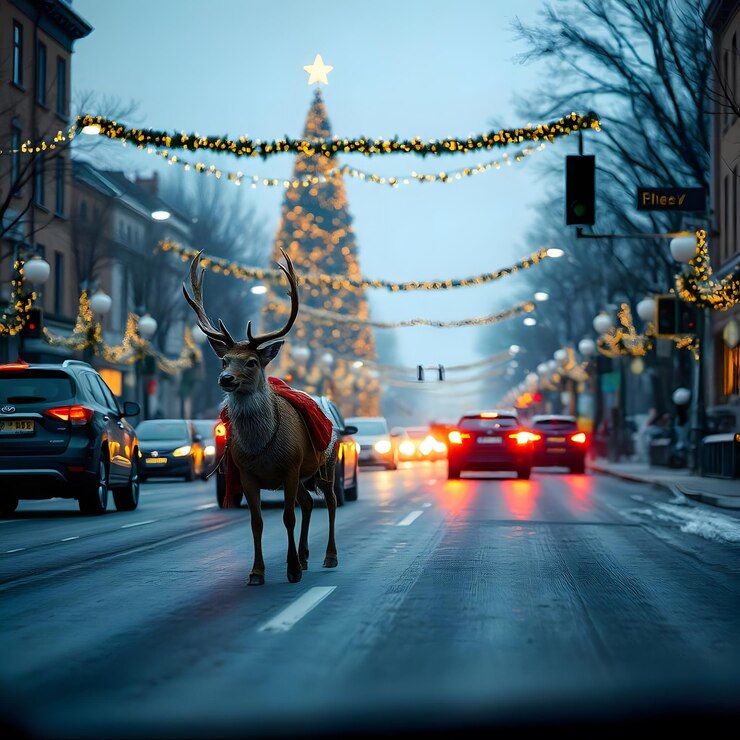 Santa Claus y su amigo Navidad Vista con el trineo de Santa Claus y la ciudad por la noche