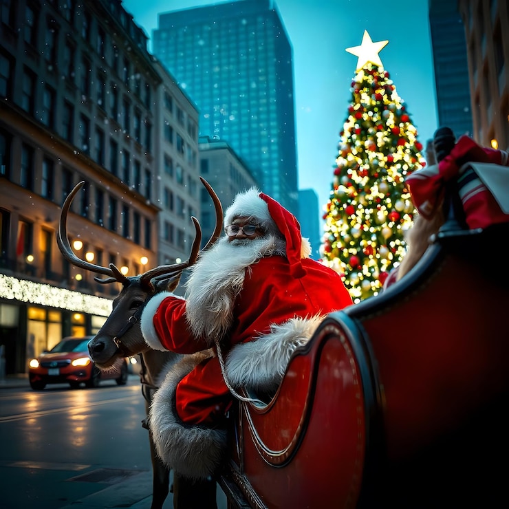 Santa Claus y su amigo Navidad Vista con el trineo de Santa Claus y la ciudad por la noche