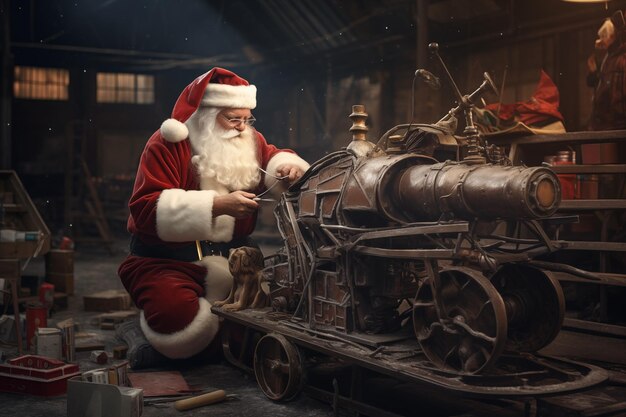 Santa Claus en su taller de dibujos animados de Navidad ilustración divertida.