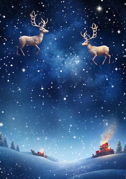 Santa Claus y sus renos volando por el cielo nocturno marco de borde de invierno acuarela