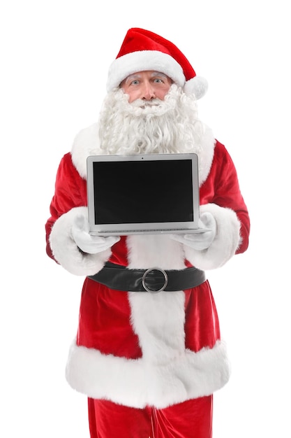 Santa claus, tenencia, computadora portátil, blanco, plano de fondo