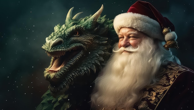 Santa Claus tomando selfie junto con el concepto de año nuevo del dragón chino verde