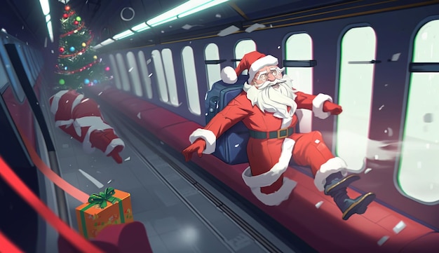 Santa claus en un tren con regalos