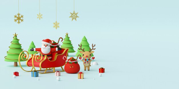 Santa Claus en un trineo con renos Fondo de renderizado 3d