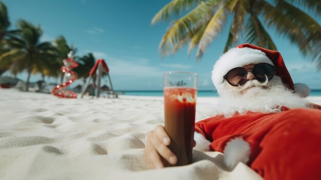 Foto santa claus está de vacaciones santa en la playa con un cóctel en la mano vacaciones de navidad