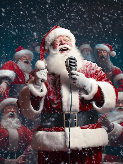 Santa Claus vocalista estrela cantando Feliz Natal e Feliz Ano Novo conceito Generative Ai