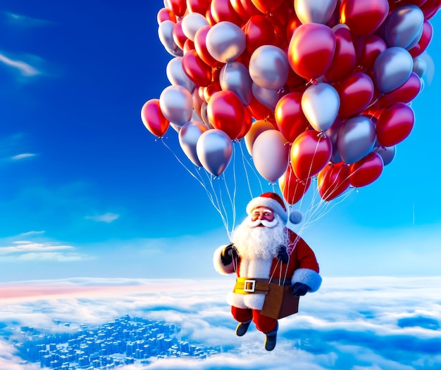 Santa Claus volando en el cielo con un montón de globos rojos y blancos IA generativa