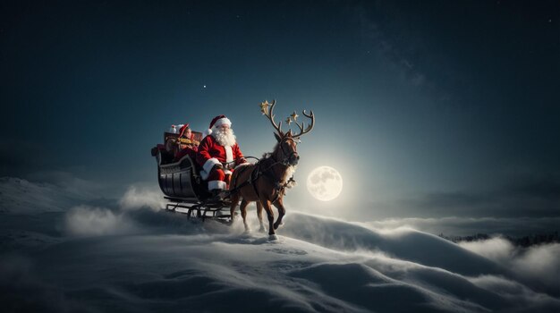 Foto santa claus vuela en la víspera de navidad en el cielo nocturno con nieve