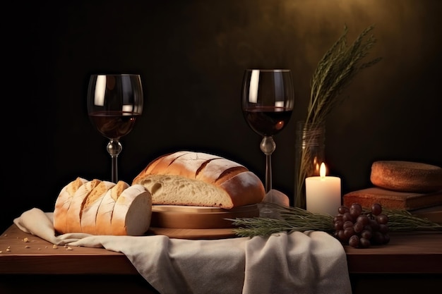 Santa Comunhão na mesa da igreja com vinho, pão e velas