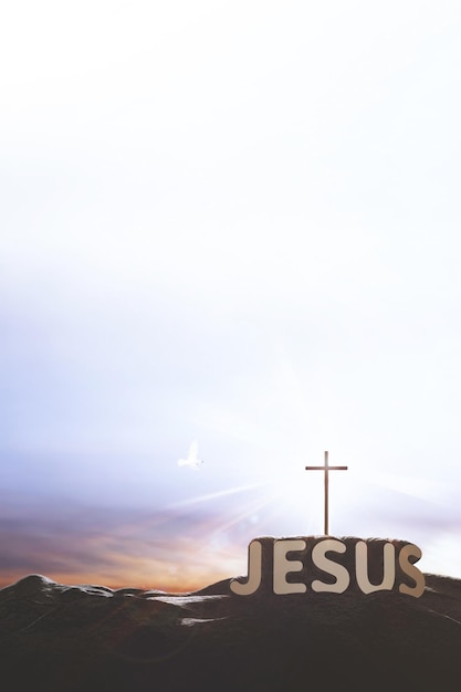 La santa cruz de Jesucristo brillando por el cielo y las nubes la paloma y la letra JESÚS