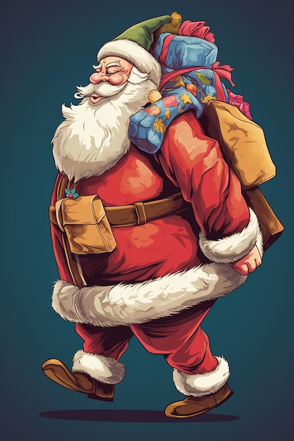 Un Santa de dibujos animados con una bolsa de regalos en la espalda