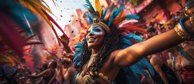 Santa fiesta feliz sonriente joven mujer africana en colorido maquillaje y elegante traje brillante