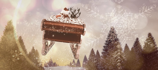 Santa fliegt seinen Schlitten gegen verschneite Landschaft mit Tannen