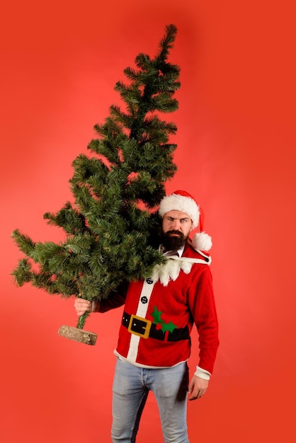 Santa Mann mit Weihnachtsbaum Weihnachtsdekor Konzept bärtiger Mann gekleidet in festlichem Kostüm von