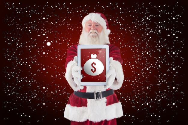 Santa presenta un tablet PC contra un fondo rojo con viñeta