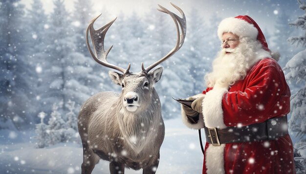 Foto santa y rudolph en un hermoso paisaje nevado, paraíso invernal