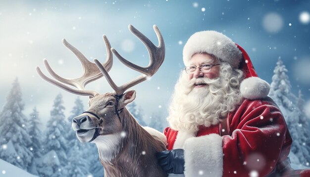 Foto santa y rudolph en un hermoso paisaje nevado, paraíso invernal