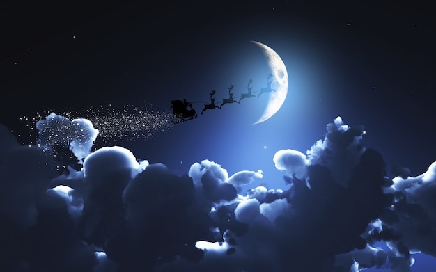 Santa y su trineo volando en un cielo iluminado por la luna