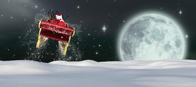 Santa volando su trineo contra la luna llena en el cielo nocturno