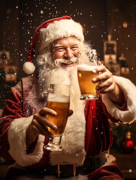 Santaclause bebe cerveza con una sonrisa feliz