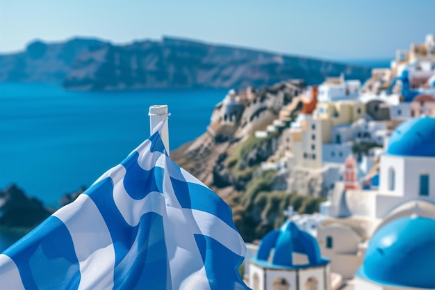 Santorini e a bandeira nacional no céu azul