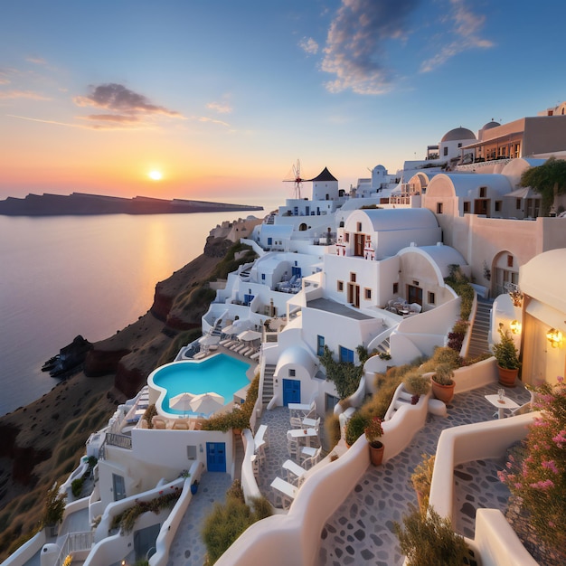 Santorini sonha com casas em penhascos aproveitando o brilho do pôr do sol