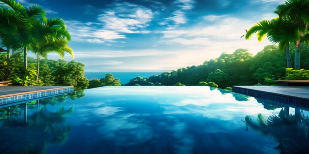 Un santuario al aire libre sereno y sofisticado que cuenta con una lujosa piscina infinita rodeada de exuberante vegetación