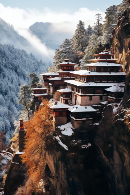 Foto santuário de neve vista vertical do mosteiro de kalpa no inverno