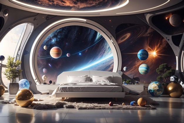 Foto santuário do sistema solar projeta um quarto futurista com temas planetários
