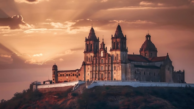 Santuário dos remédios em cholula puebla com o céu do pôr-do-sol ao fundo