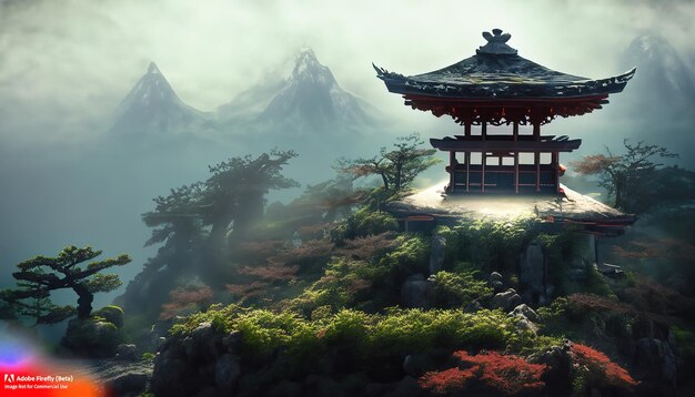 Santuario de estilo japonés en la cima de una montaña cubierta de niebla