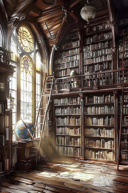 Santuario etéreo Una biblioteca atemporal bañada en la suave luz del sol y un ambiente nostálgico