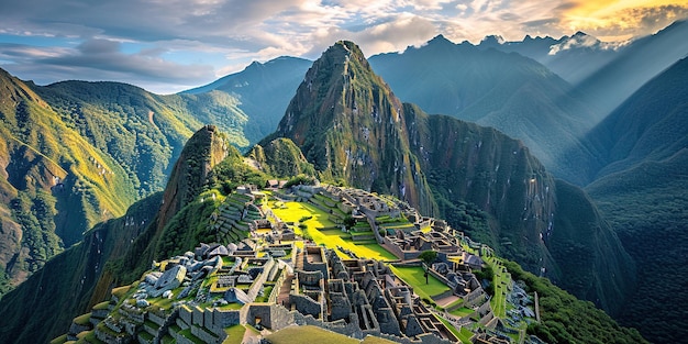 Foto santuario histórico de machu picchu en una cresta montañosa de la cordillera oriental del sur de los andes del perú