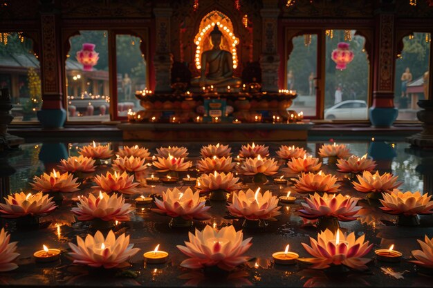 Santuário iluminado adornado com velas que simbolizam a devoção em Buda Purnima