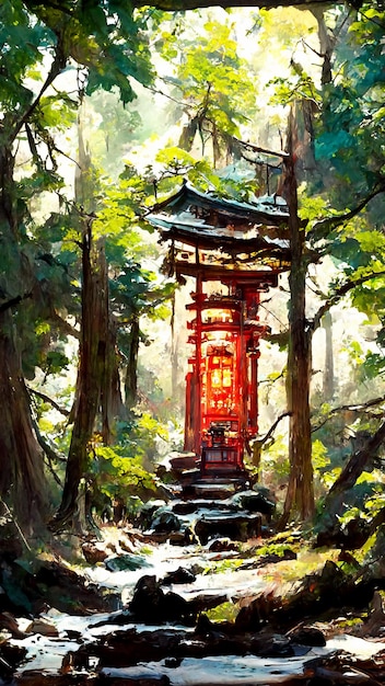 Santuario japonés en el bosque Ilustración 3D