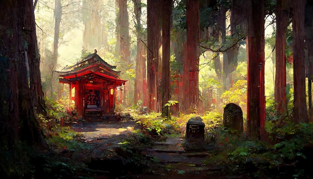 Santuario japonés en el bosque Ilustración 3D