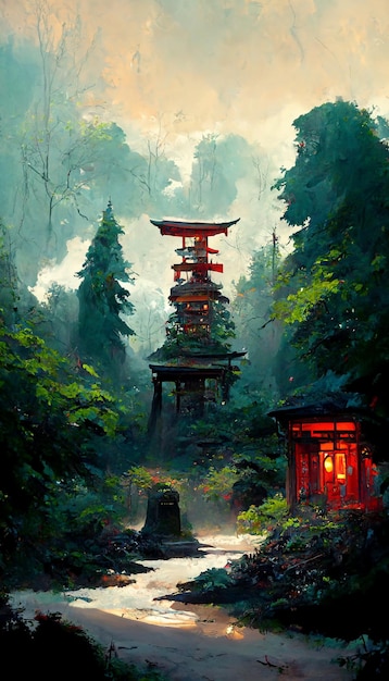 Santuario japonés en el bosque Ilustración 3D