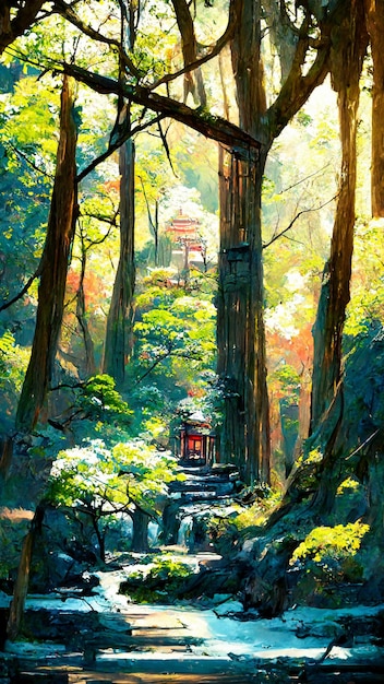 Santuario japonés en el bosque Ilustración 3D