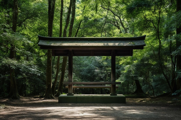 Un santuario sintoísta de madera tradicional japonés de serenidad minimalista en un entorno sereno