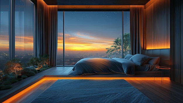 Santuario de sueño minimalista con líneas limpias y colores apagados bajo una ventana de noche estrellada vista de fondo de color sólido 4k ultra hd