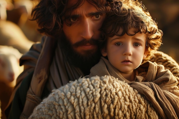 São José com o menino Jesus Cristo pastoreando ovelhas retrato de um drama bíblico ilustrando o vínculo sagrado entre São José e o jovem Jesus enquanto cuidam do rebanho