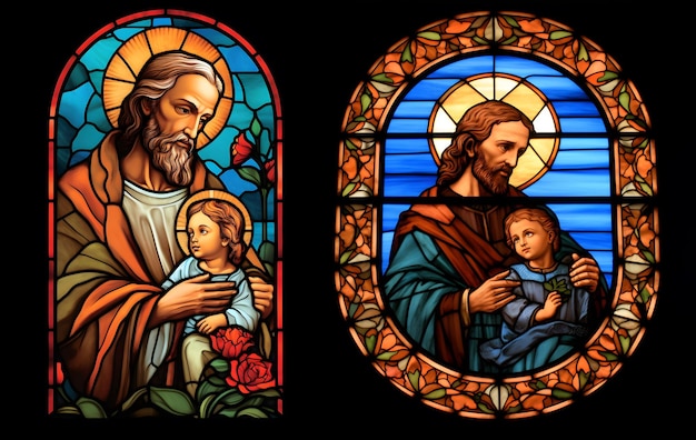 São José São José com Jesus Cristo o Santo Padroeiro da Igreja Católica San Jose Generative ai Vitral