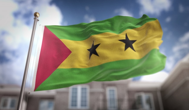 São Tomé und Príncipe Flagge 3D Rendering auf blauem Himmel Gebäude Hintergrund