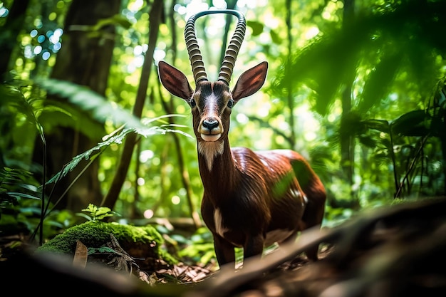 Foto un saola pseudoryx nghetinhensis en un verde y justo