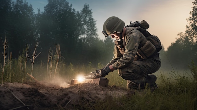 Sapador militar procurando minas com um detector de minas conceito de guerra do exército Generative AI