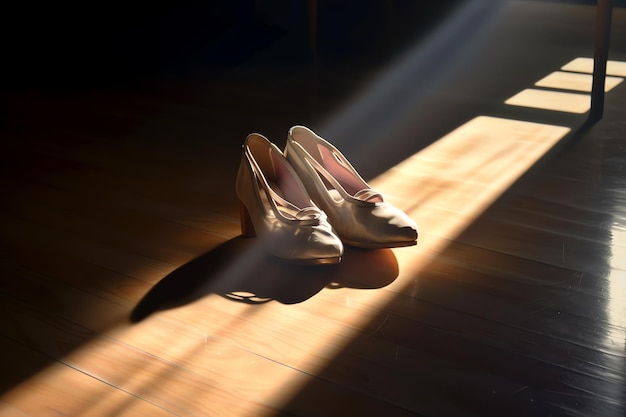 Sapatilhas de balé de dançarinos em um palco de madeira